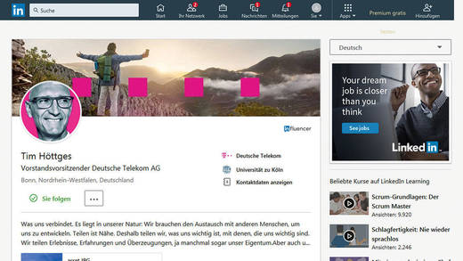 Tim Höttges: Der Telekom-Chef ist neben Siemens-Chef Joe Kaeser und Daimler-CEO Dieter Zetsche eins der Vorzeigebeispiele der Dax-Vorstands­ebene in den sozialen Medien. Bei Linkedin etwa rangiert Höttges unter den offiziell wichtigen „In-“Fluencern und macht neben Branchenbeiträgen auch mit seiner Meinung zu gesellschafts­relevanten Themen von sich reden.