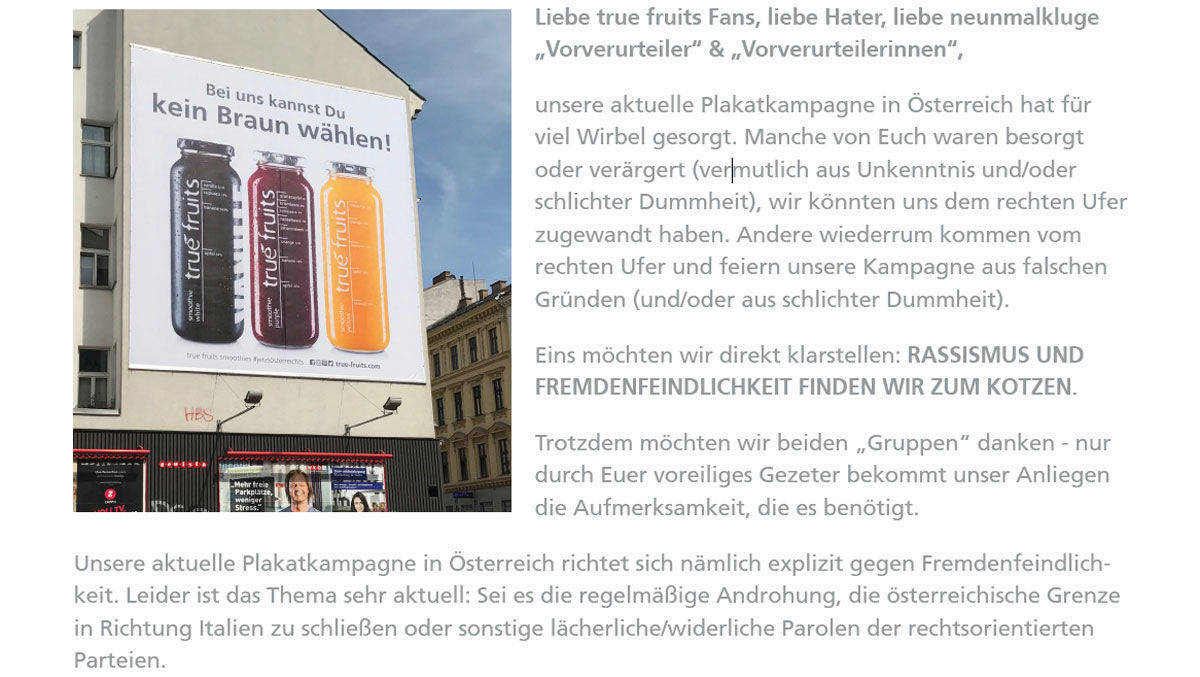 Stellungnahme von True Fruits zu den Rassismusvorwürfen (Auszug).
