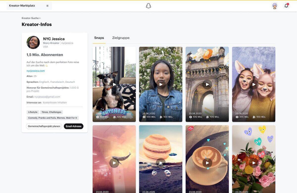 So sieht der neue Creator Marketplace von Snapchat aus.
