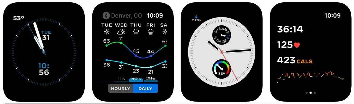 So sehen die Zifferblätter der App Watchsmith auf der Uhr aus.