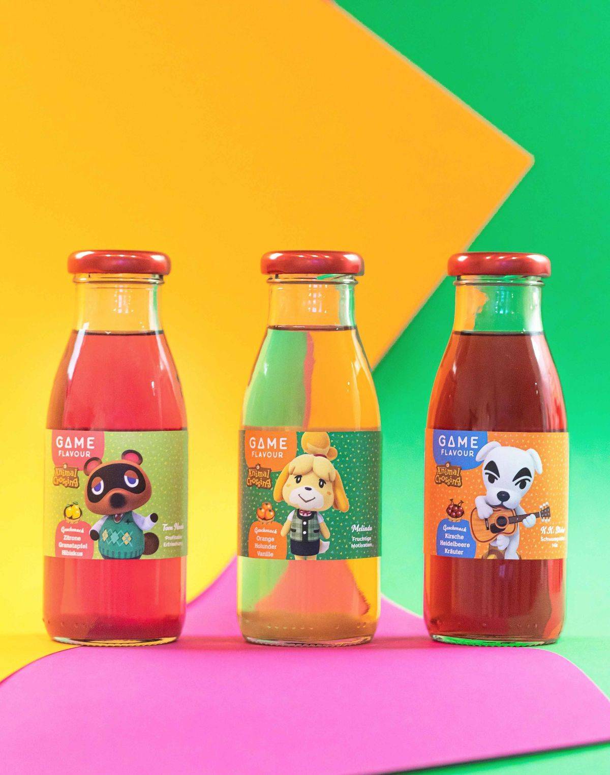 Drei Flaschen für ein Kultspiel: Die Animal-Crossing-Figuren zieren jetzt Game-Flavour-Säfte von AQVAMI.