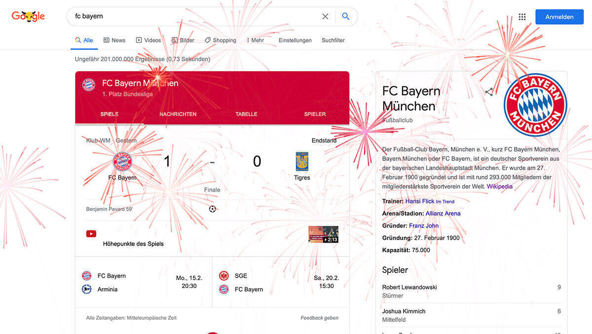 Ein Feuerwerk für den Klub-Weltmeister: Google lässt den FC Bayern hochleben.