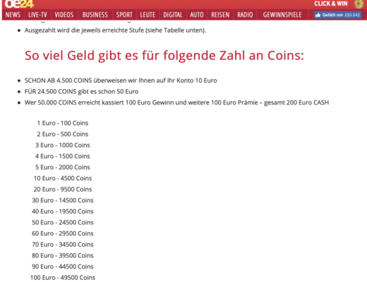 Umrechnungskurs für Coins bei OE24 "Click & Win".