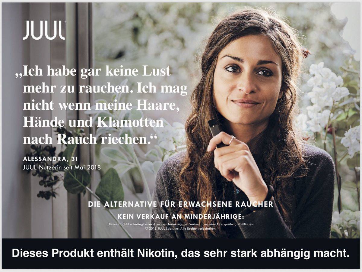 Werbemotiv fur Juul in der Schweiz. In Deutschland startet die Kampagne Mitte 2019.