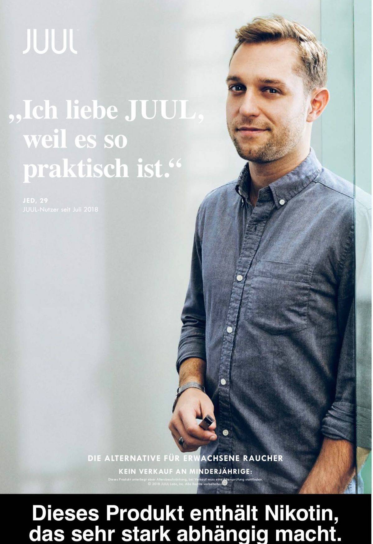 Wie auf dem Motiv aus der Schweizer Kampagne wendet sich Juul in Deutschland an erwachsene Raucher.