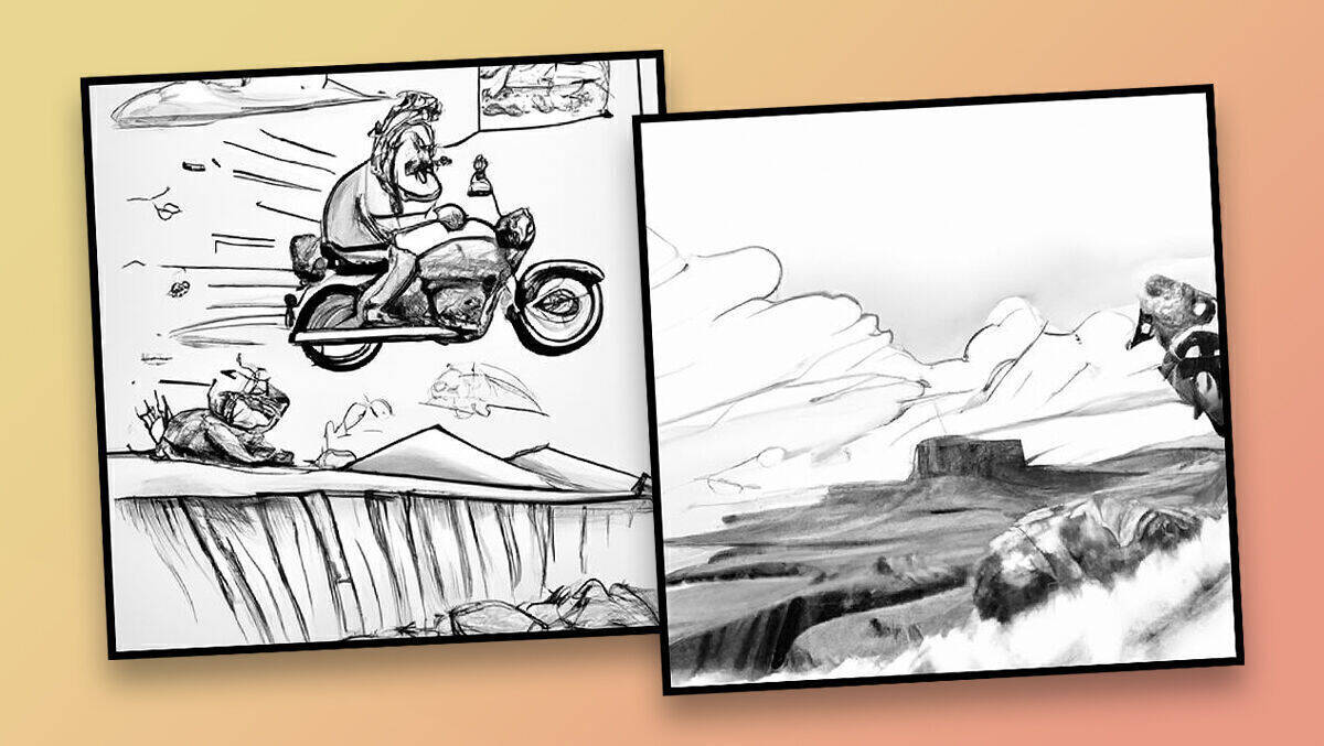 Wir haben DDBs KI nach einer TV-Kampagne gefragt, die Männer mittleren Alters dazu bewegt, eine Testfahrt bei Moto Guzzi zu machen. Hier zwei Ideen-Scribbles.