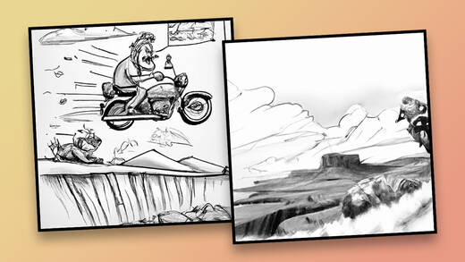 Gefragt wurde DDBs KI nach einer TV-Kampagne, die Männer mittleren Alters dazu bewegt, eine Testfahrt bei Moto Guzzi zu machen. Hier zwei Ideen-Scribbles.
