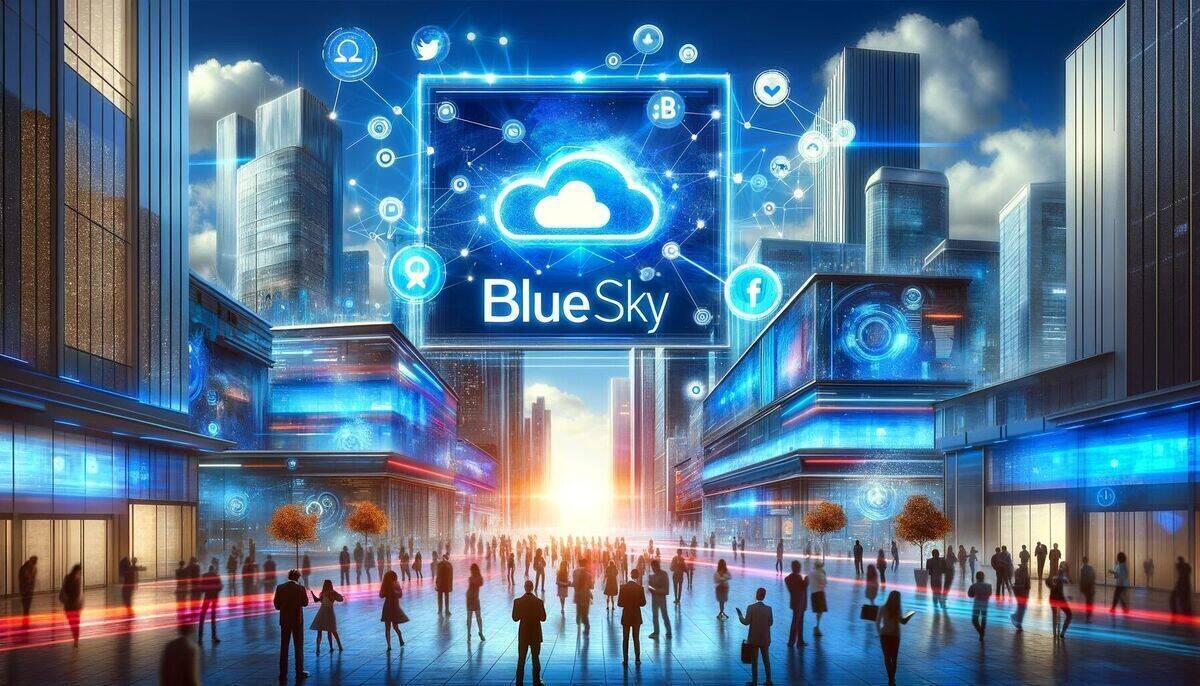 Futuristische Innenstadt mit vielen Menschen, die Smartphones halten, darüber schwebt das BlueSky-Symbol und viele kleine symbolische Social-Media-Symbole