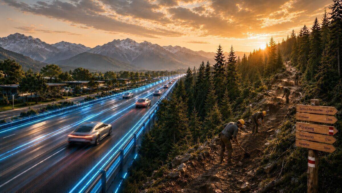 Zwischen Datenautobahn und Bergpfad zeigt das Bild, wie Technologie und Handwerk in der modernen Markenproduktion zusammenfinden.