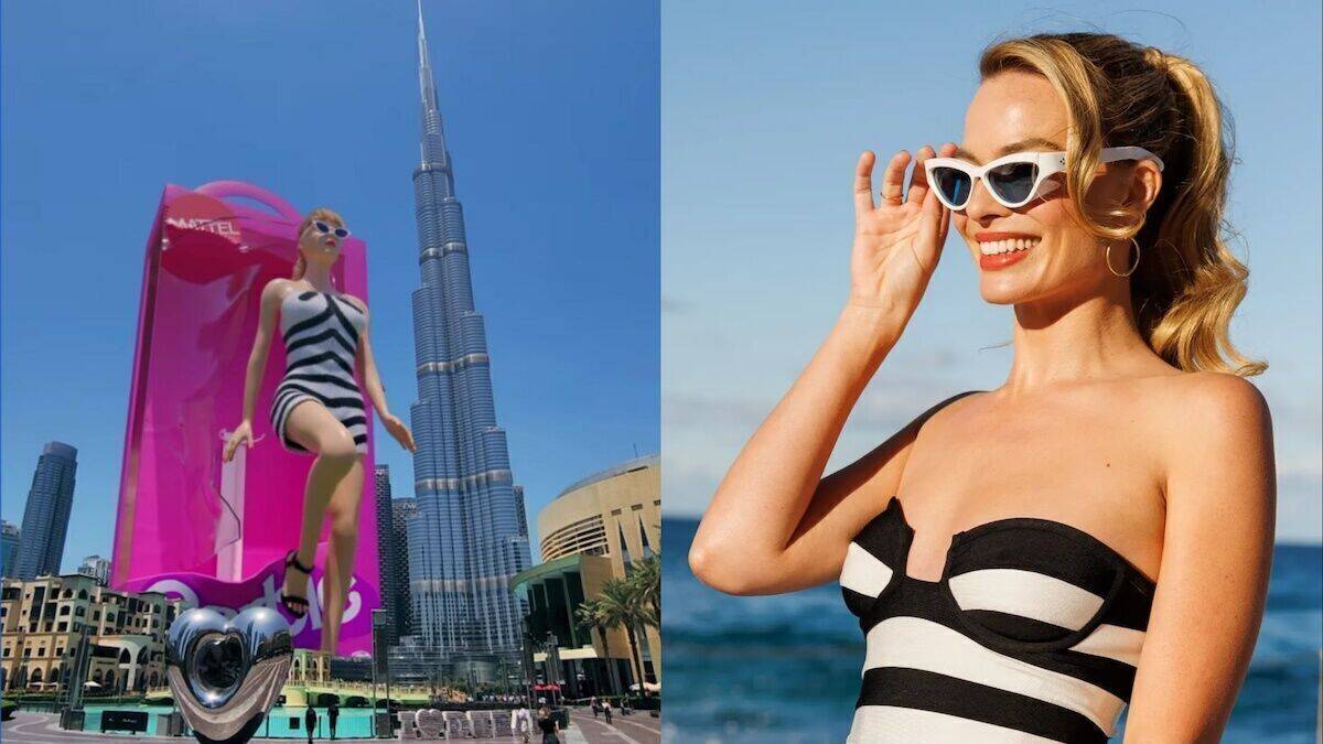Das Outfit der Riesenbarbie ist eine Hommage an die Anfänge der Puppe. Und wird im Film auch von Margot Robbie getragen.