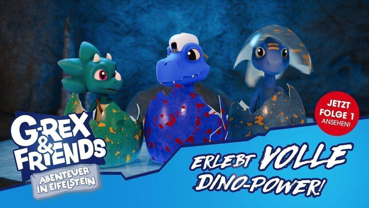 Mina, G-Rex und Sparky (v.l.n.r.) erleben in Eifelstein aufregende Abenteuer am Quellsee.