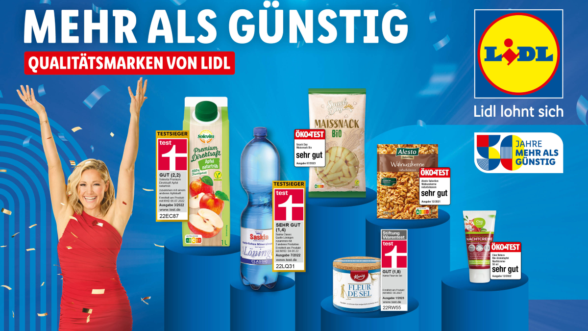 Die Jubiläumskampagne von Lidl geht in die nächste Runde: Fünf Wochen lang stellt der Discounter ausgewählte Eigenmarken auf die große Bühne: in einer crossmedialen 360-Grad-Kampagne – und wieder unterstützt durch den Glamour der Jubi-Testimonials Helene Fischer, Barbara Schöneberger und Max Giermann.