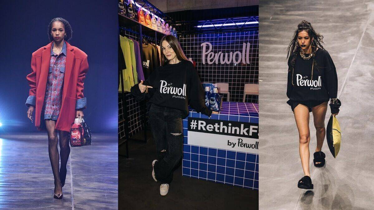 Links ein Design von Kilian Kerner, in der Mitte Designerin Rebbekka Ruétz, rechts ein Design von Ruétz mit dem ikonischen Claim "Mit Perwoll gewaschen".