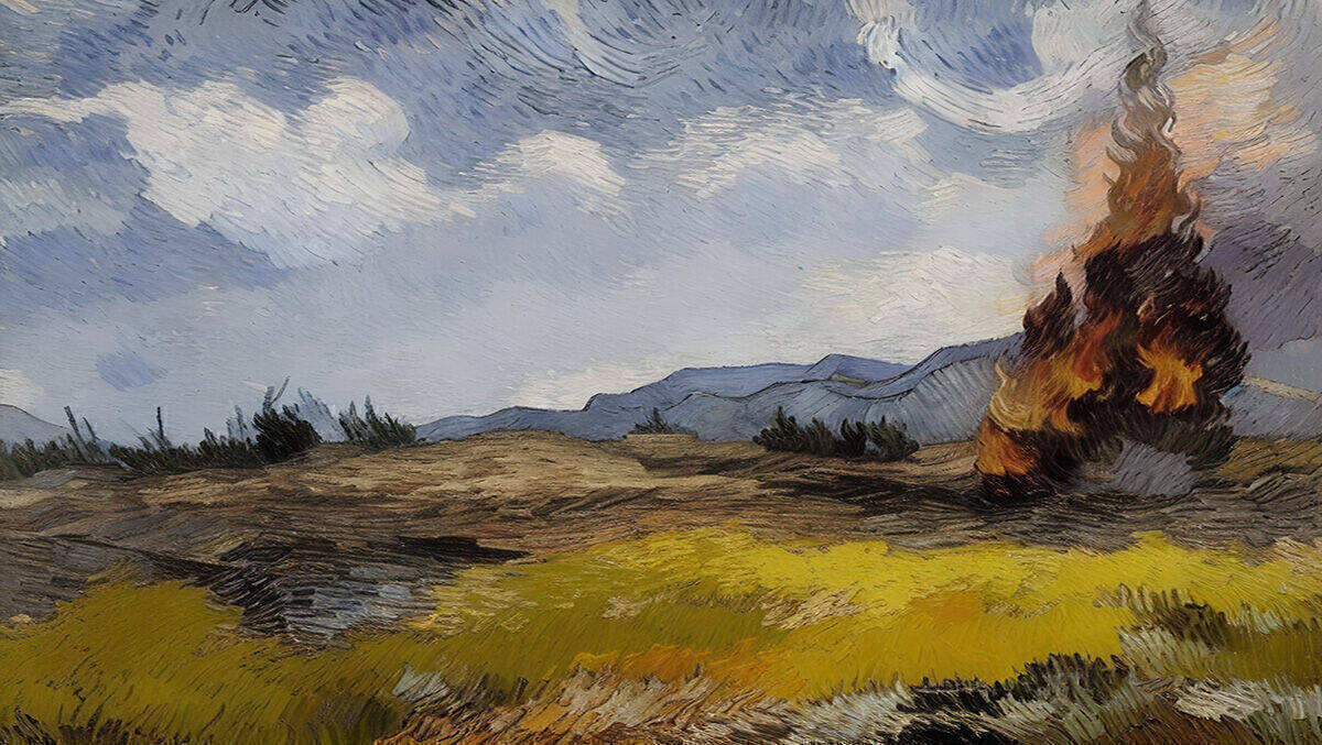 Klimawandel à la van Gogh: Das "Weizenfeld mit Zypressen" brennt.