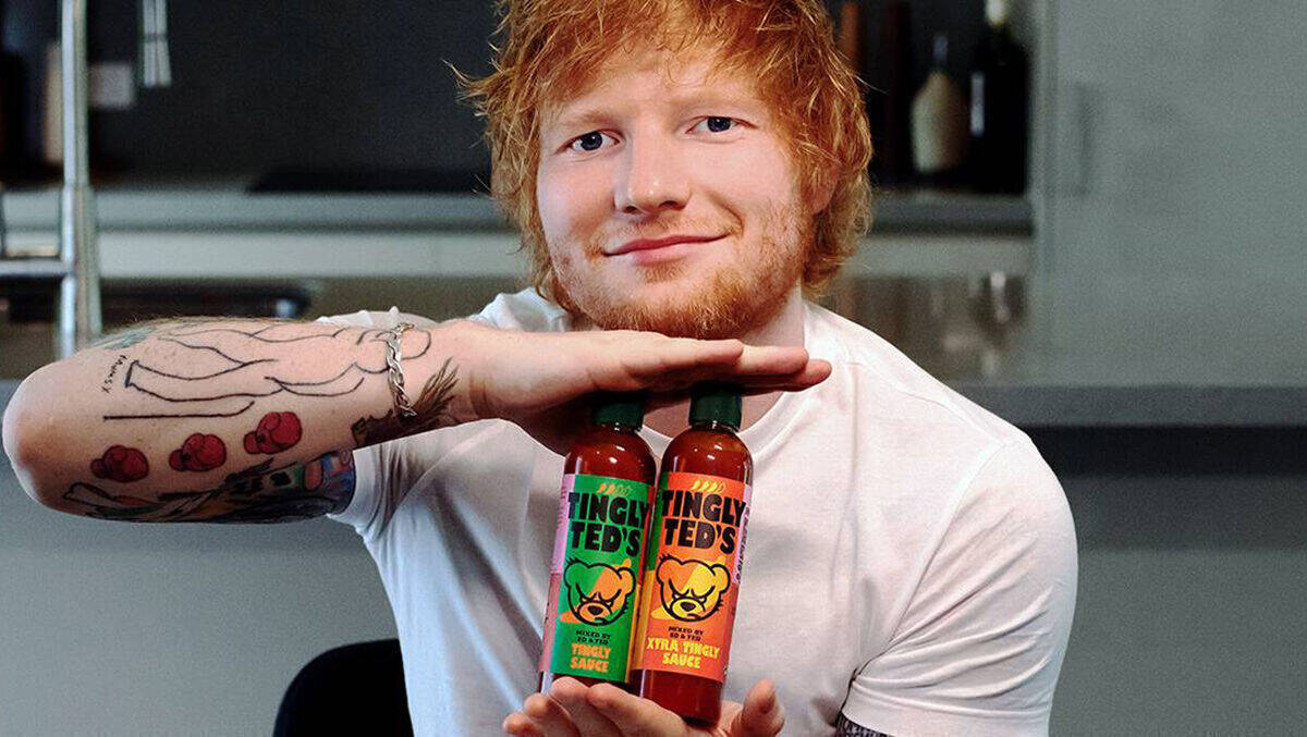 Der eine guckt freundlich, der andere weniger: Ed Sheeran und sein Ketchup-Kumpel.