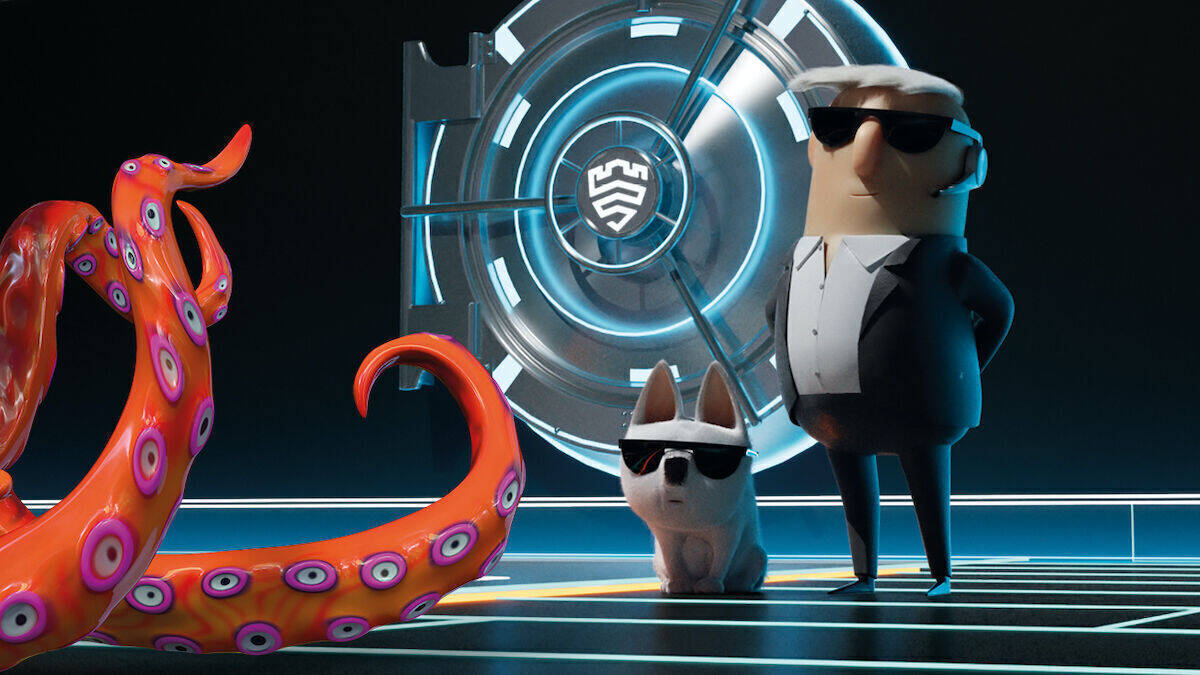 Leo Laser und sein Hund Sammy Supernose beschützen einen Safe vor verschiedenen Gefahren.