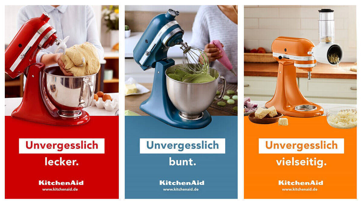 Kitchenaid möchte in seinem neuen TV-Spot vor allem mit farbenfrohen Küchenmaschinen überzeugen.