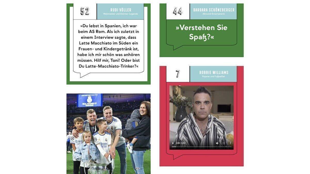 Oliver Wurm hat Toni Kroos verpatztes Interview zum Anlass genommen, 90 Freund:innen um Fragen zu bitten. Der Erlös kommt der Toni Kroos Stiftung zugute. Auch Robbie Williams ist dabei.