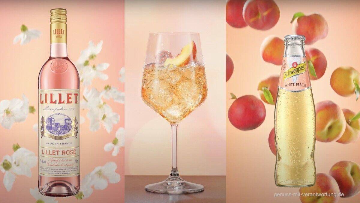 Pernod Ricard bewirbt Lillet mit Blütenblättern und Pfirsichen statt mit Nina Chuba. Bei Krombacher sieht es anders aus.