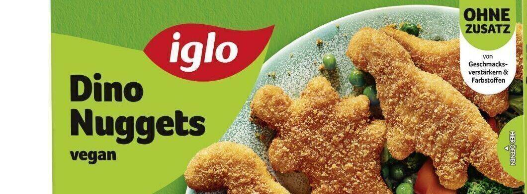 Vegane "Dino Nuggets" von Iglo im neuen Verpackungsdesign. 