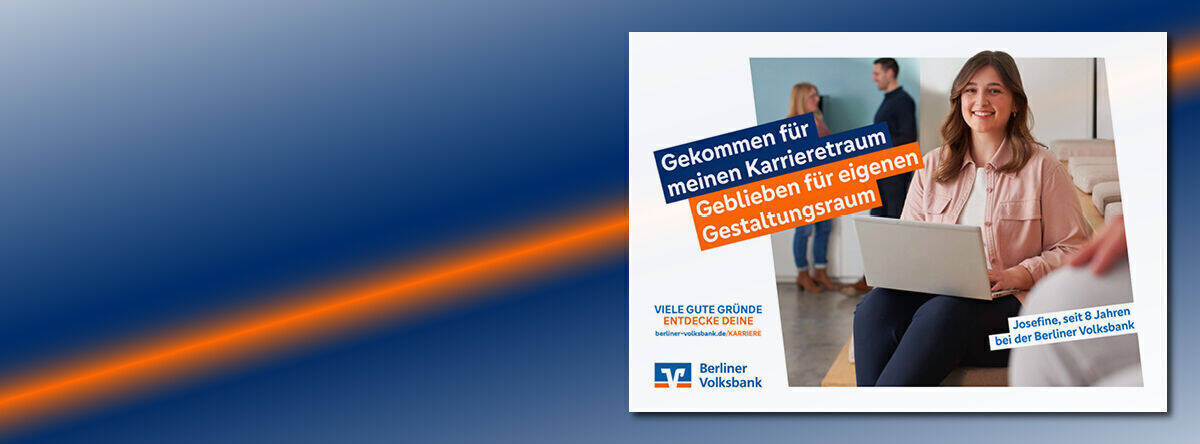 Mit „Gekommen, um zu bleiben“ geht die Berliner Volksbank in Runde zwei ihrer Recruitingkampagne.– größer, klarer, mutiger. Die Idee dahinter: „Wir stellen wir in den Mittelpunkt, was uns im Kern ausmacht: unsere Mitarbeiterinnen und Mitarbeiter“, so Frauke van Bevern, Bereichsleiterin Marke und Unternehmenskommunikation.
