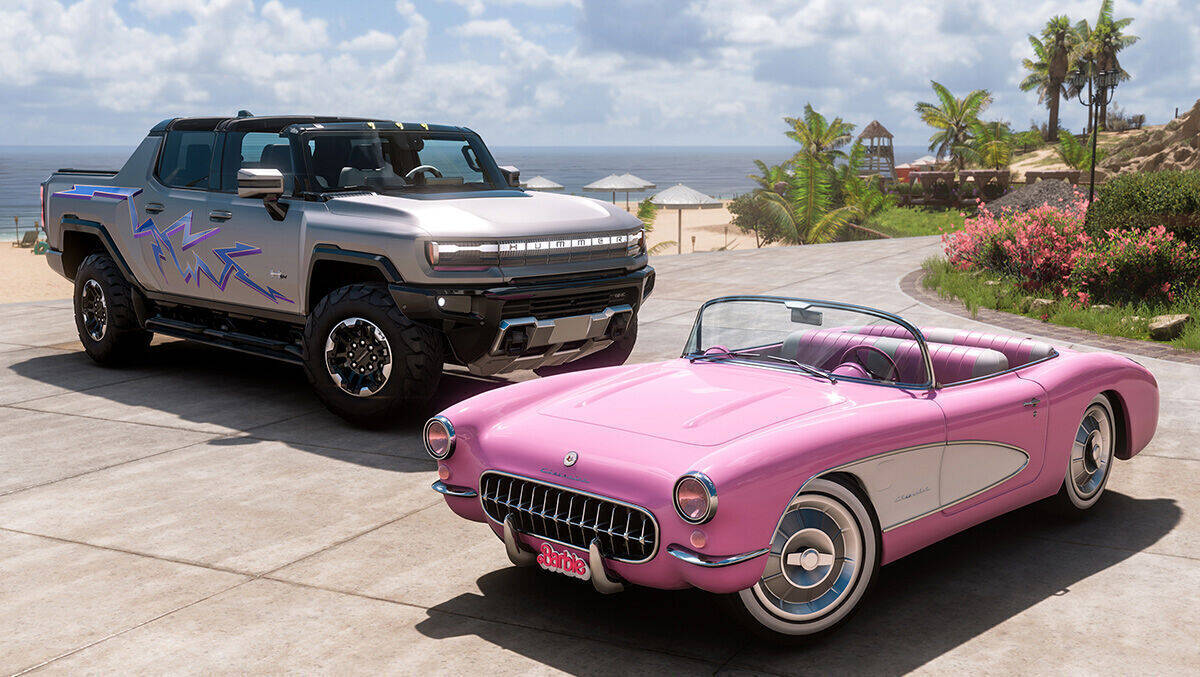 Barbies rosa Corvette und Kens Hummer – neu im Xbox-Spiel "Forza Horizon 5".