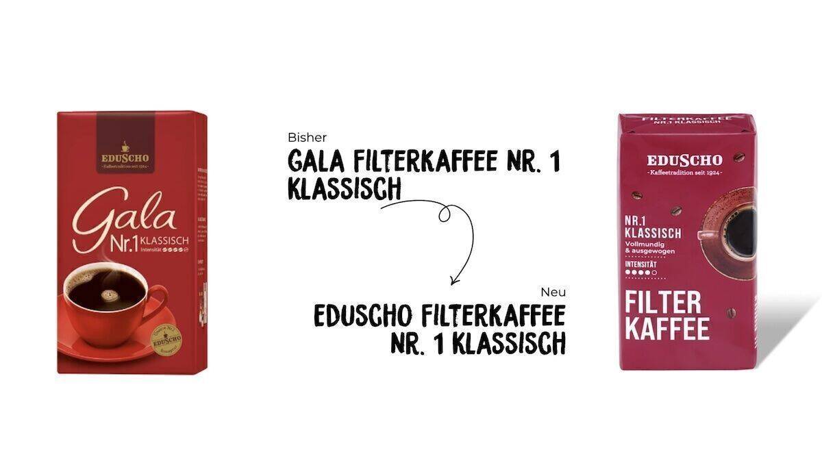 Nur die Hauptsorte bleibt rot, die anderen neuen alten Eduscho-Sorten erhalten die Farben flieder, grün, gelb, blau, beige, schwarz, grau und türkis.