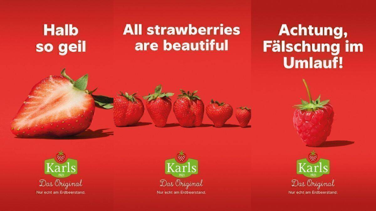 Erdbeerwerbung kann auch humorvoll sein.