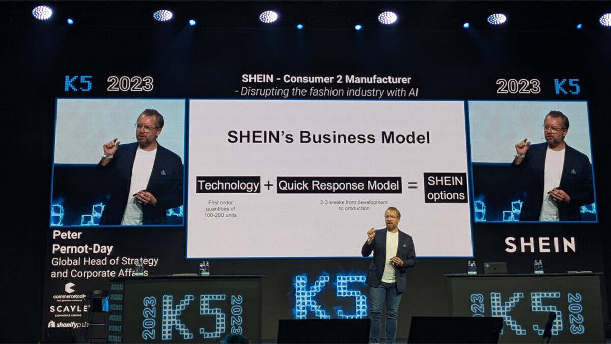Peter Pernot-Day, Global Head of Strategy and Corporate Affairs bei der Shein Group, erklärt auf der K5 Conference wie Shein funktioniert.