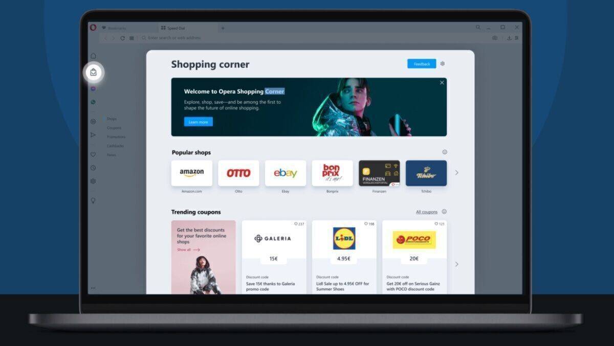 Das Shopping-Center von Opera sitzt in der Seitenleiste des Browsers.