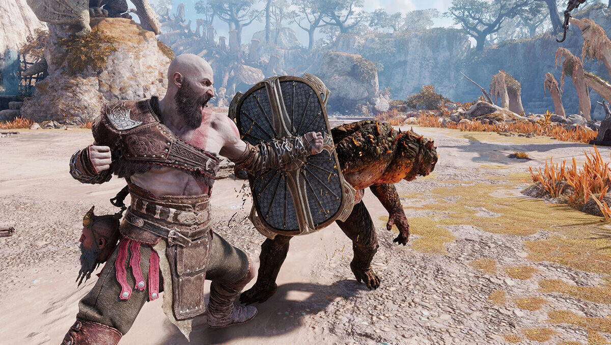 PlayStation-Krieger Kratos mit einem eher unsympathisch wirkenden Gegner.