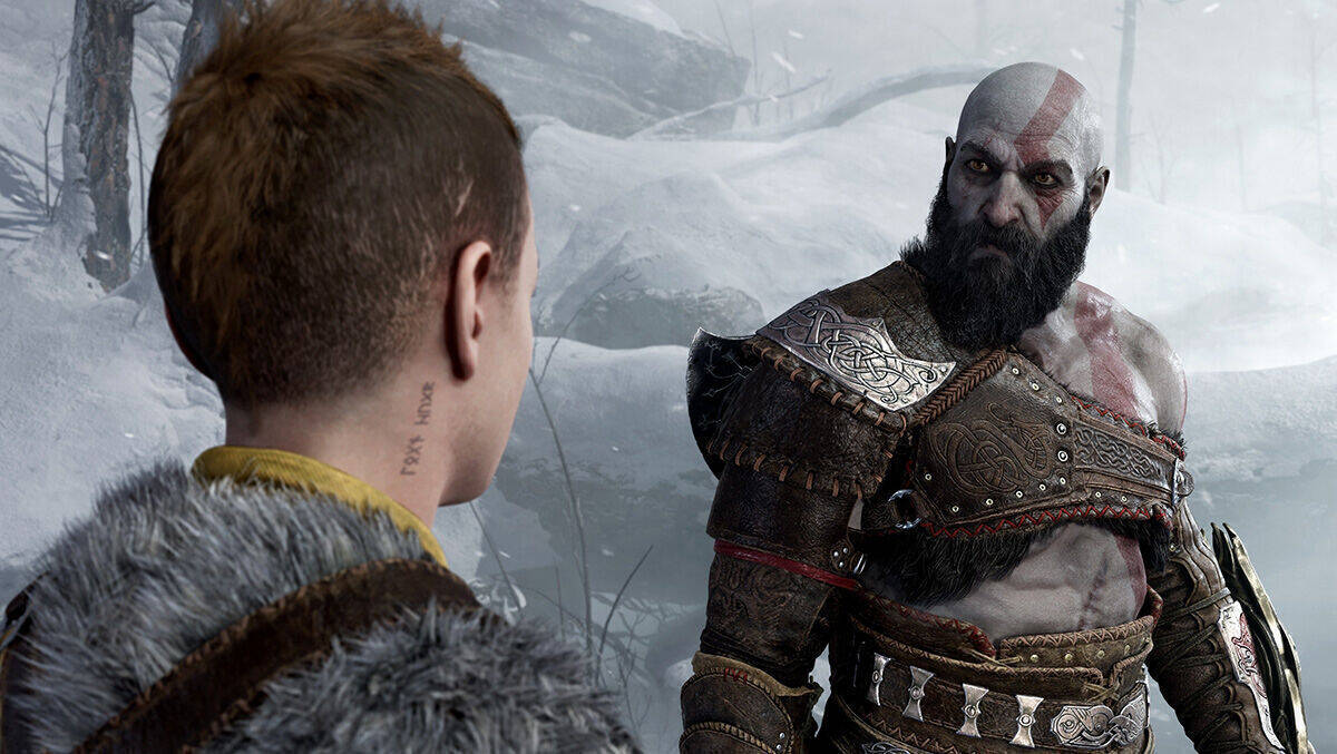 Hast Du das Spiel geleakt? "God of War"-Held Kratos erkundigt sich beim jugendlichen Atreus.