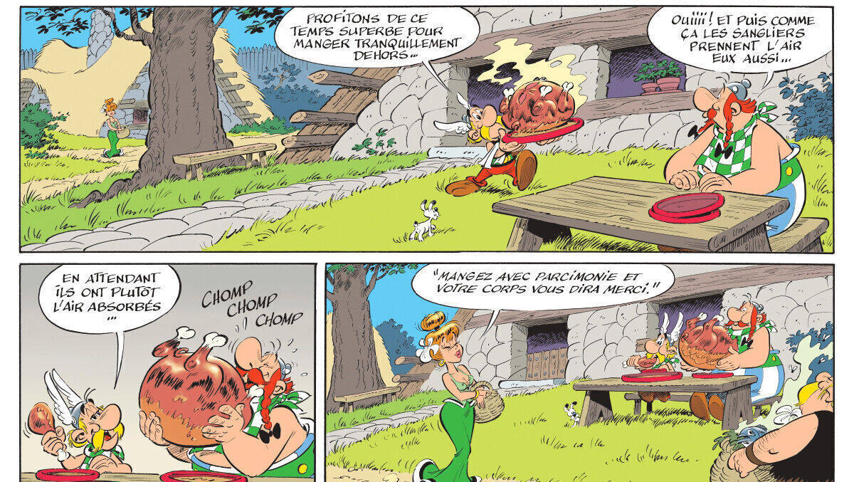 Asterix und sein mitteldicker Freund lassen es sich in den ersten Szenen von Band 40 gut gehen – doch das Unheil naht schon.