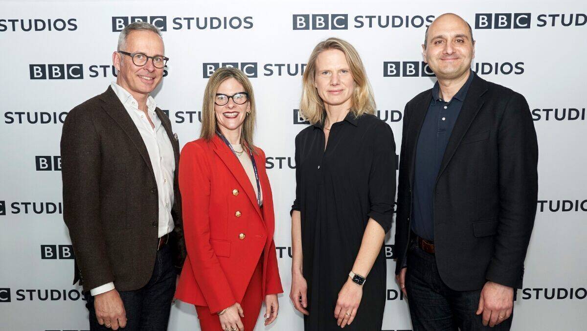 Markus Schäfer (Geschäftsführung ZDF Studios GmbH), Rebecca Glashaw (CEO, Global Distributions, BBC Studios), Nadine Bilke (ZDF-Programmdirektorn), Tom Fussell (CEO, BBC Studios)