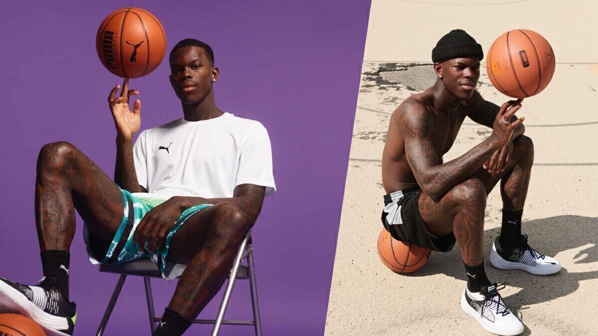 Dennis Schröder ist neuer Markenbotschafter von Puma. Hier sieht man ihn auf zwei Bildern: im professionellen Fotostudio und auf der Straße.