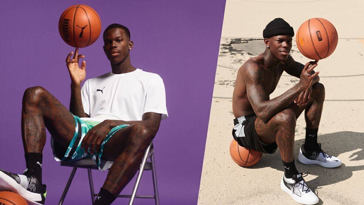 Dennis Schröder ist neuer Markenbotschafter von Puma. Hier sieht man ihn auf zwei Bildern: im professionellen Fotostudio und auf der Straße. 