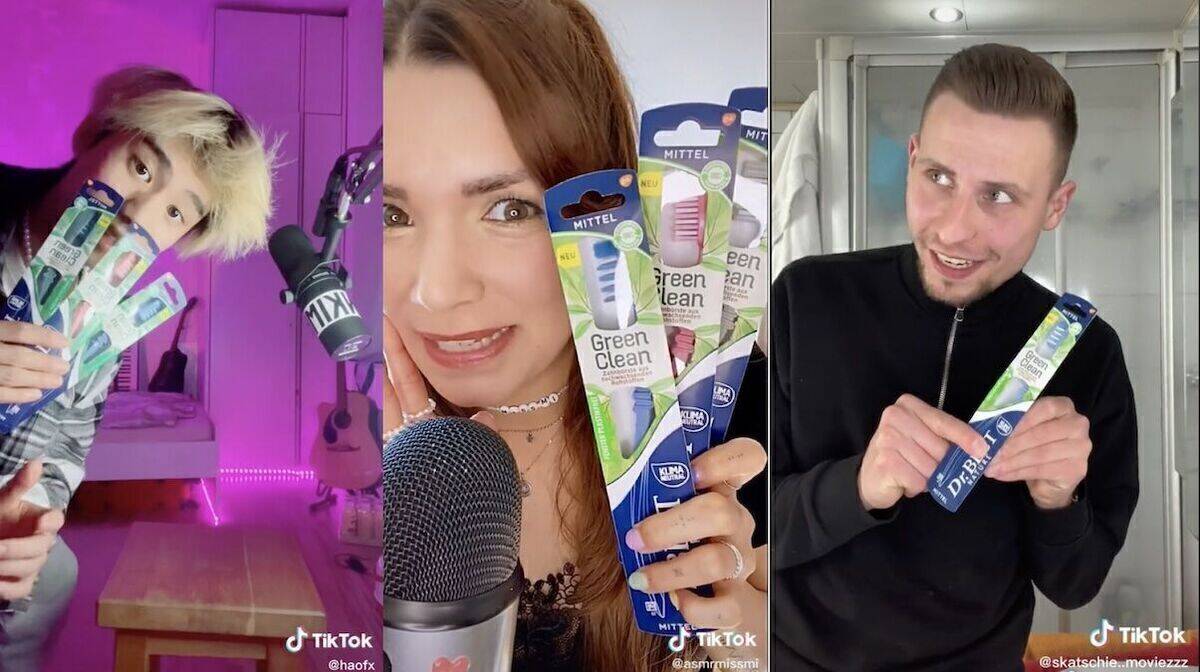 Die Creator:innen @haofx, @asmrmissmi und @skatschie.moviezzz (v.l.n.r.) präsentieren auf Tiktok die "Green Clean".