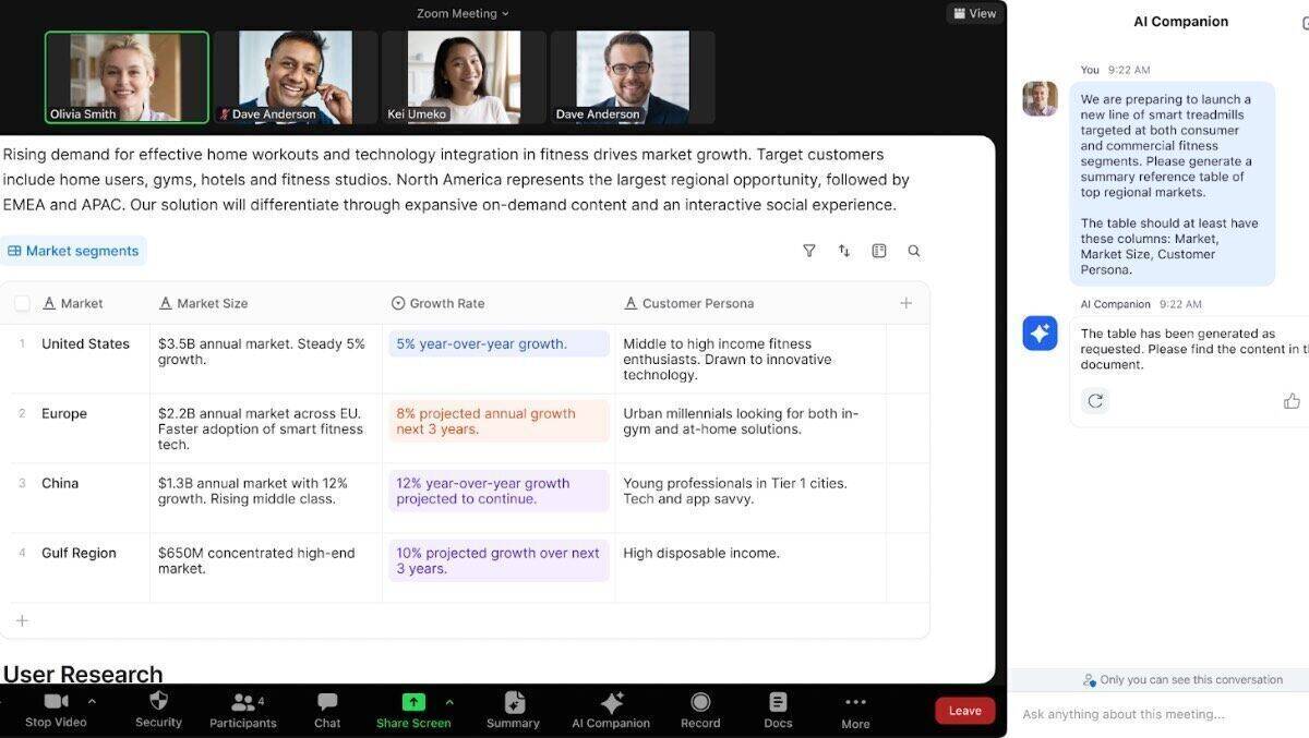 Mitten im Meeting, so sieht Zoom Docs auf dem Screen aus.