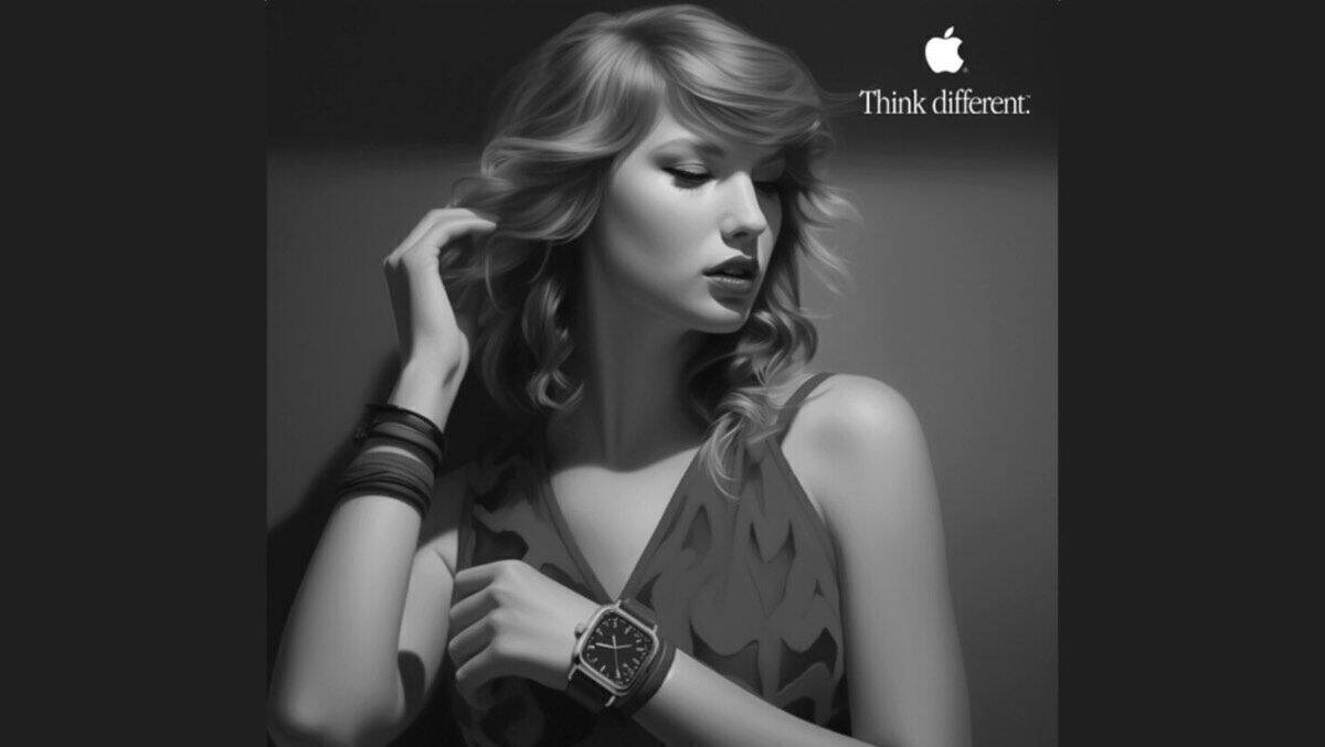 Taylor Swift in der fiktiven KI-Kampagne "Think Different" 2023.