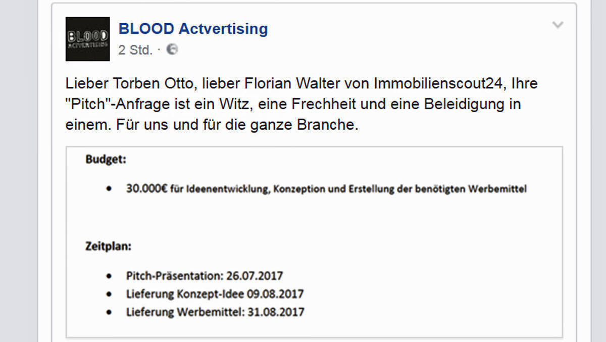 Der Facebook-Post von Blood Actvertising.