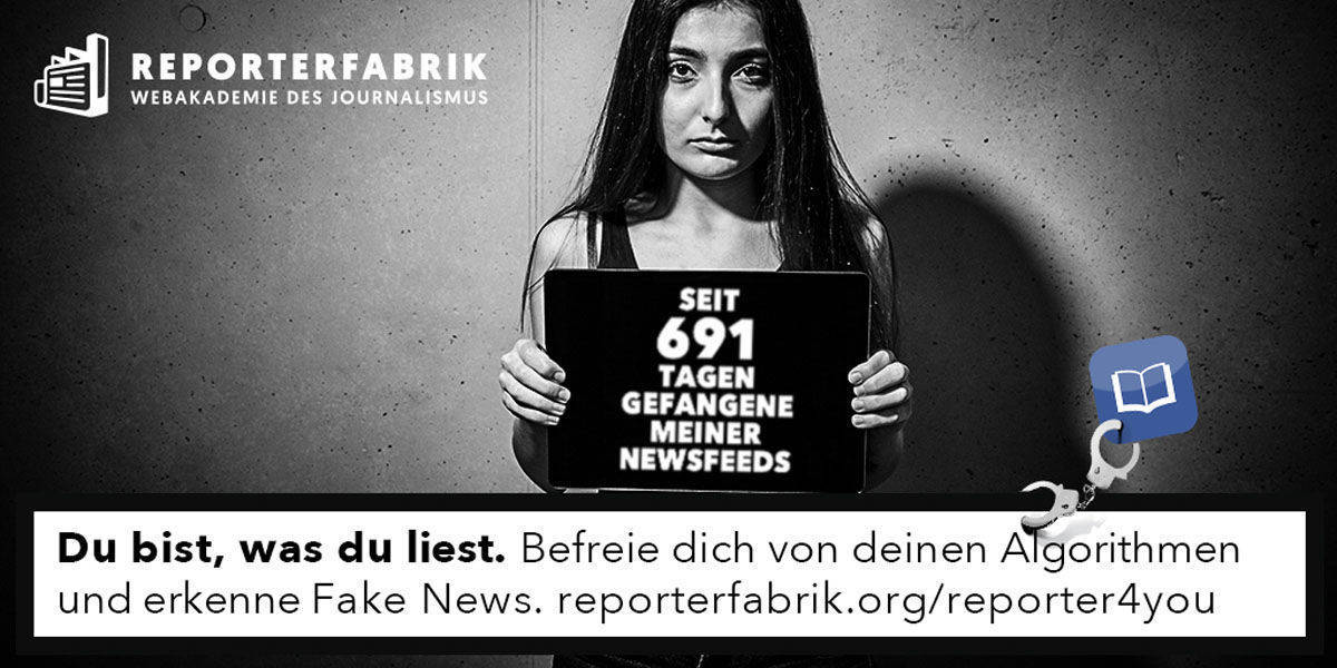 Geisel des Newsfeeds: eindringliche Kampagne von Brinkert Metzelder für die Reporterfabrik - und für Medienaufklärung.