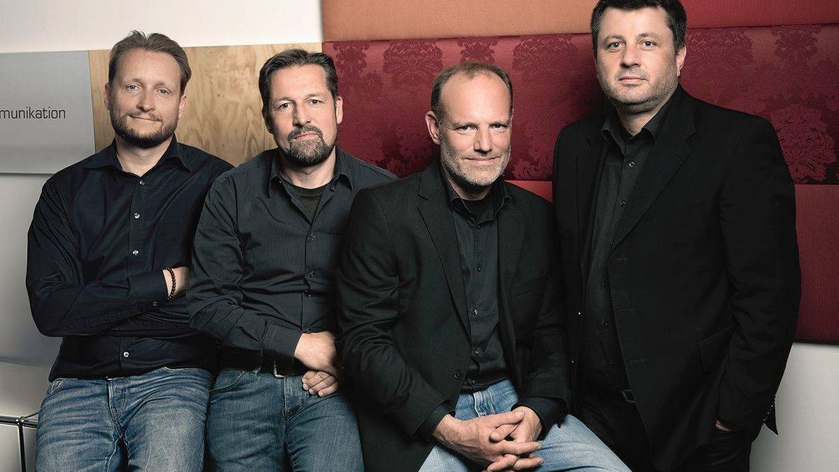 CD Oliver Sommer und die Geschäftsführer Dieter Dannenmann, Holger Schmid und Denis Bachmann (v. l.) blicken optimistisch auf 2020. Schon seit etlichen Jahren hat die Agentur ihre Räume in einem Gebäude auf dem ehemaligen Bosch-Areal in der Innenstadt