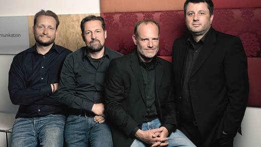 CD Oliver Sommer und die Geschäftsführer Dieter Dannenmann, Holger Schmid und Denis Bachmann (v. l.) blicken optimistisch auf 2020. Schon seit etlichen Jahren hat die Agentur ihre Räume in einem Gebäude auf dem ehemaligen Bosch-Areal in der Innenstadt