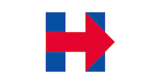 Schlichtes Logo: Ein blaues H mit roten Pfeil steht für Hillary Clintons Präsidentschaftskandidatur und den Aufbruch.