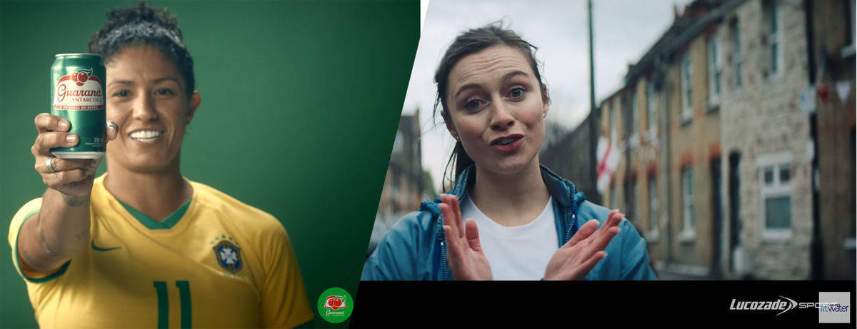 Guaraná Antarctica (l.) und Lucozade haben die Fußballfrauen für die Werbung entdeckt und bekämpfen Vorurteile.