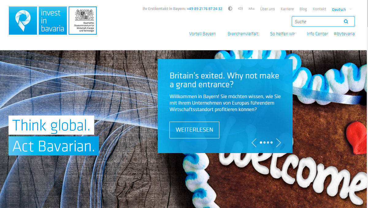 "Think Global. Act Bavarian": Homepage von Invest in Bavaria.