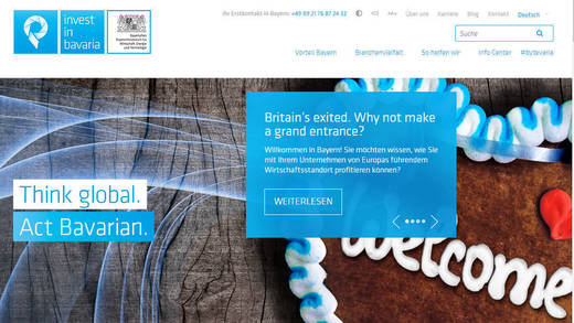 "Think Global. Act Bavarian": Homepage von Invest in Bavaria.