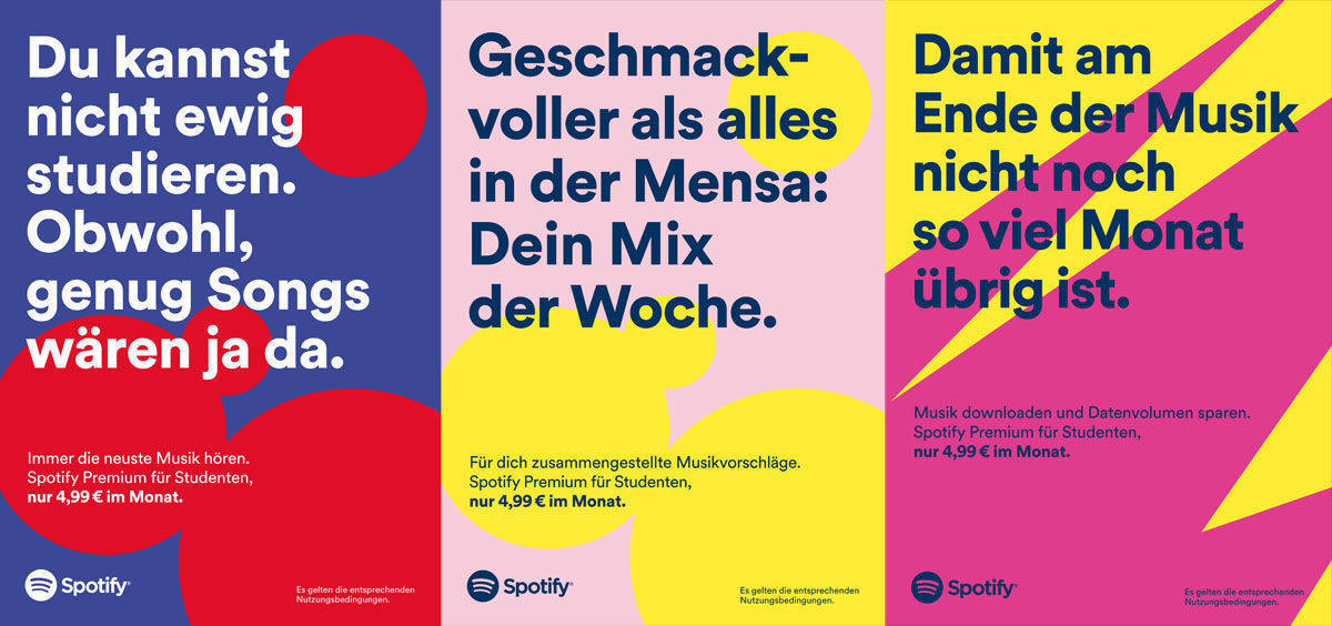 Spotify will Studenten von seinem Angebot überzeugen. Dafür plakatiert Jung von Matt/Spree nun rund um Unis in mehreren Ländern.