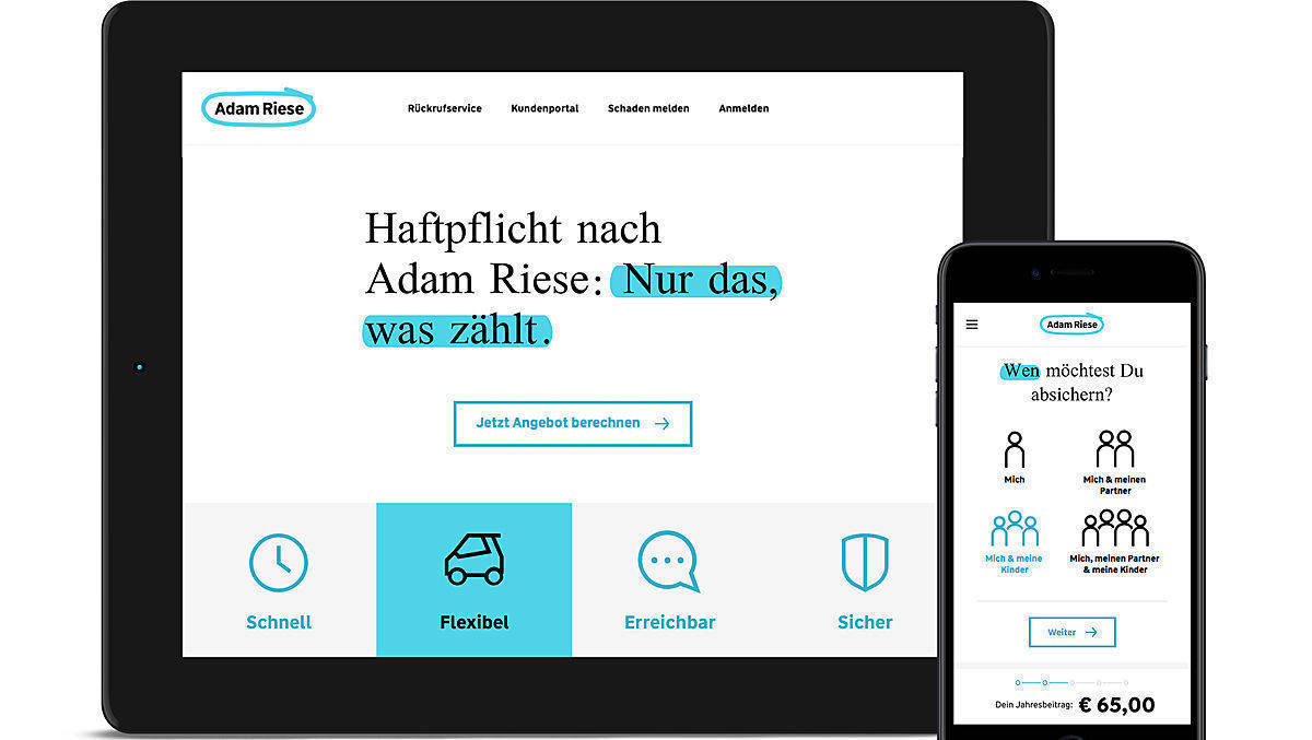 Adam-Riese-Homepage: Der Textmarker soll helfen, die Versicherungswelt für Kunden zu vereinfachen.