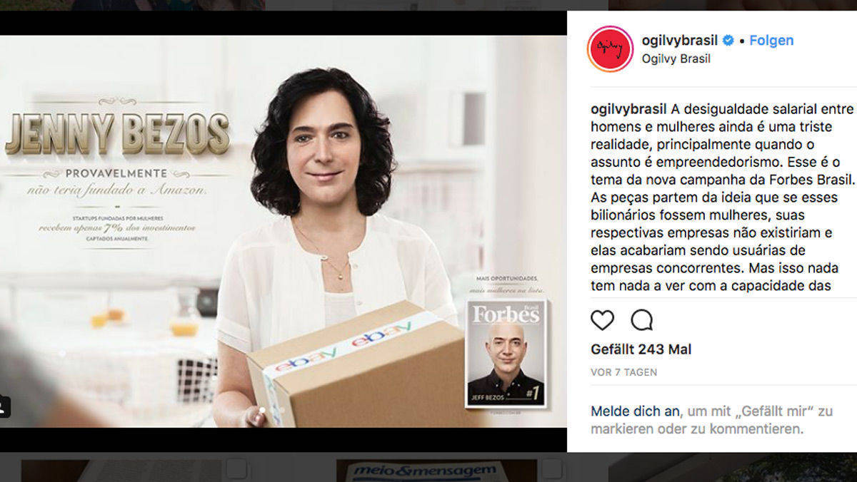 Hätten Investoren Jenny Bezos ihr Vertrauen geschenkt und Geld investiert in ihre Idee, einen Onlinebuchladen aufzumachen? Forbes Brasilien wirbt mit seinen Milliardären und einem Appell für Gleichberechtigung.